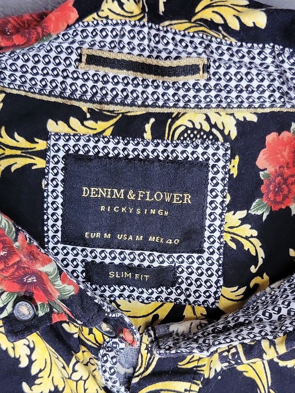 Denim & Flower Ricky Singh Baroque Floral Button Shirt Black Red Gold Men Size M